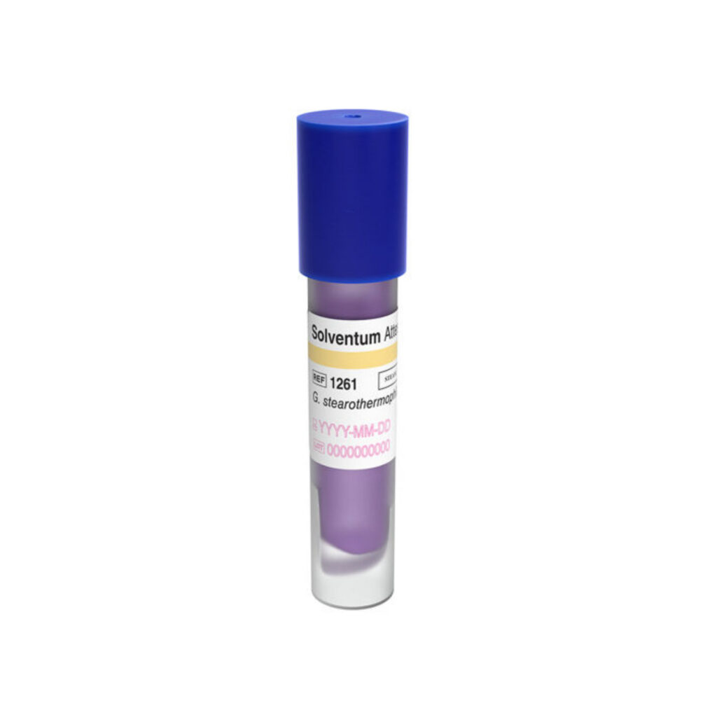 3M Solventum Attest 1261 steam biological indicator vial showing the blue color-coded cap and external chemical process indicator strip.