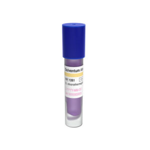 3M Solventum Attest 1261 steam biological indicator vial showing the blue color-coded cap and external chemical process indicator strip.