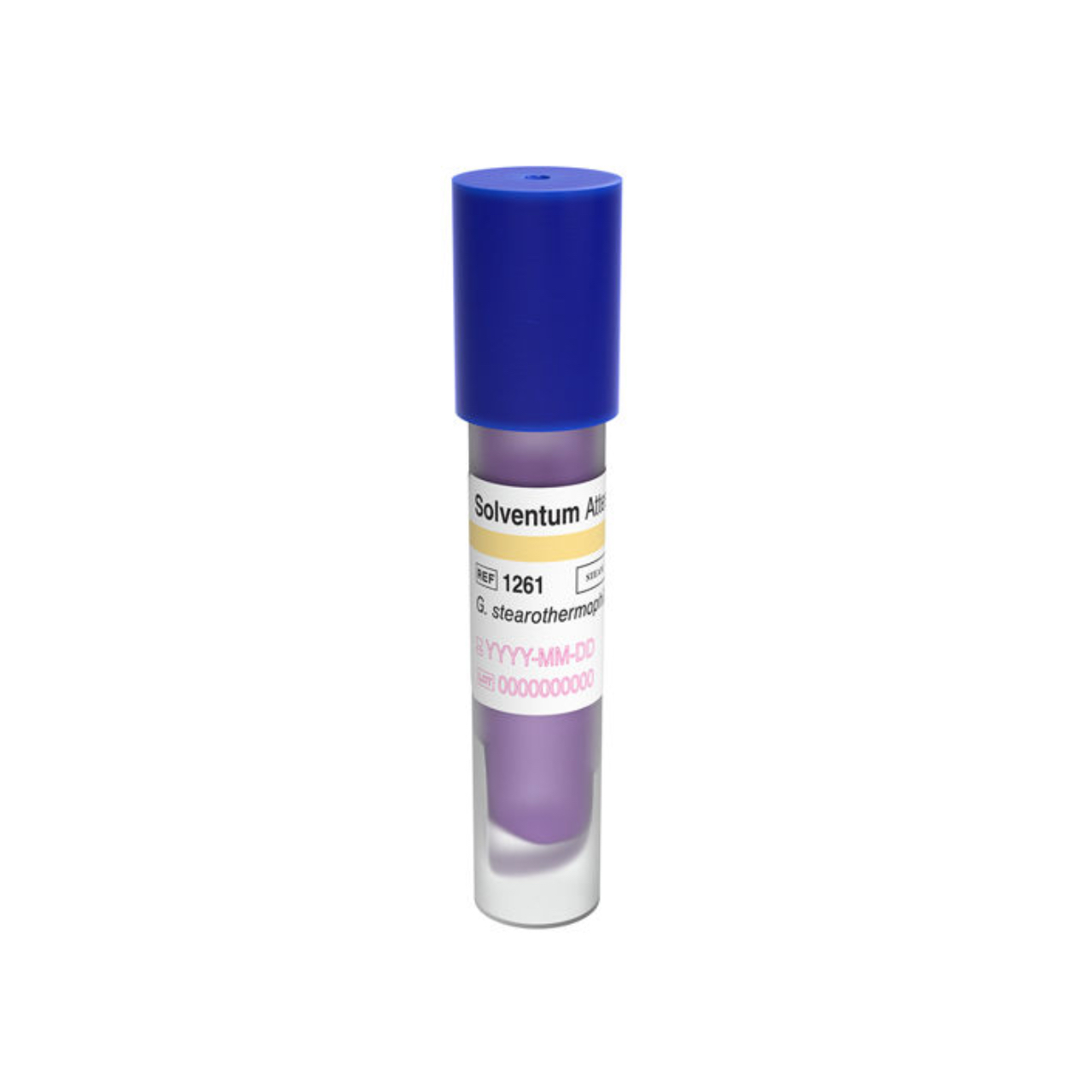 3M Solventum Attest 1261 steam biological indicator vial showing the blue color-coded cap and external chemical process indicator strip.