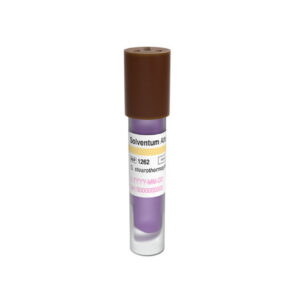 A 3M Solventum Attest 1262 steam biological indicator vial featuring a brown cap and chemical indicator strip.